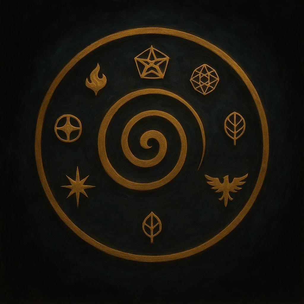 Goldene Kreisstruktur mit einer Spirale und verbundenen Symbolfeldern.